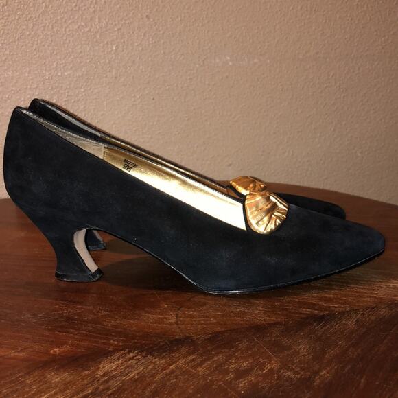 Gloria Vanderbilt Vintage Preppy Glam Academia Note Vintage Black Gold Heels 9 - Picture 6 of 15